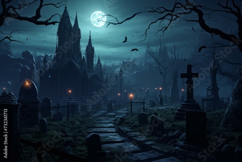 Gloomy Necromancer cemetery dark background. Skull night. Generate Ai