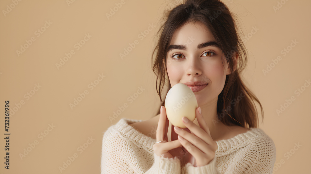 A happy young woman holding a monochrome egg on a soft cream background A happy young woman holding a monochrome egg on a soft cream background