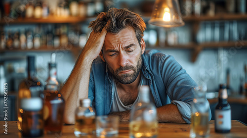 Man seated in a bar amidst various alcohol bottles