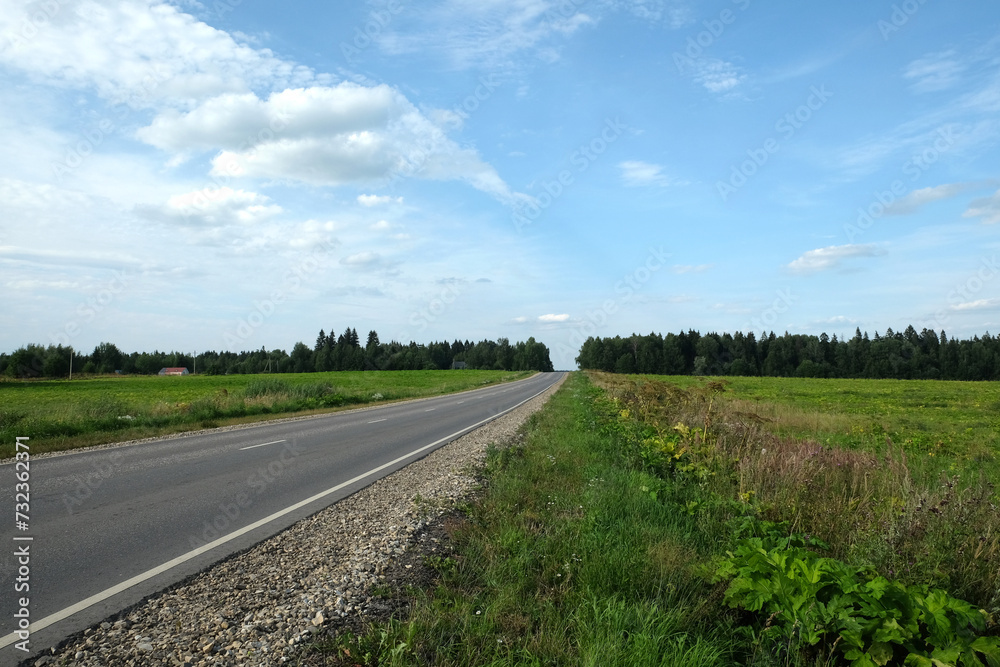 Naklejka premium Empty rural asphalt road with road markings through the fields to the skyline