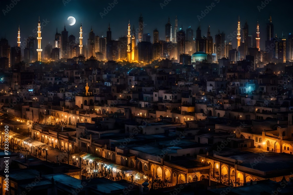  A panoramic view of a bustling city skyline at night, with mosques illuminated for Ramadan prayers and the crescent moon