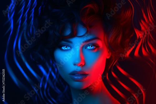Neon blue red woman. Party retro color pattern style. Generate AI