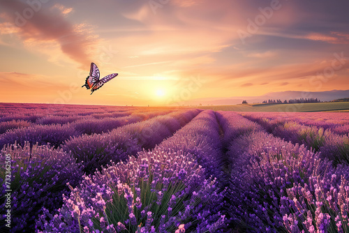 horizontal illustration a butterfly flying over a lavender field at sunset, Generative AI