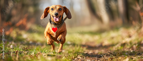 A cute dachshund dog running on the green grass in a sunny path in a forest in the afternoon sunset with a heart-shaped pendant around its neck. Daytime outdoor shot in the woods.