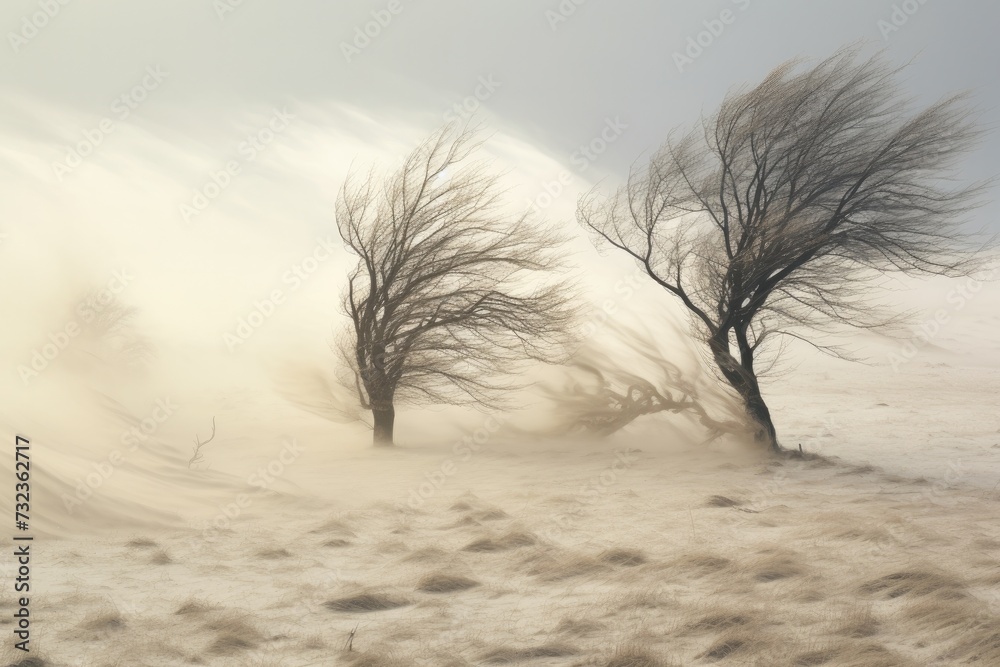 Fototapeta winter landscape with trees bowing in the wind. 