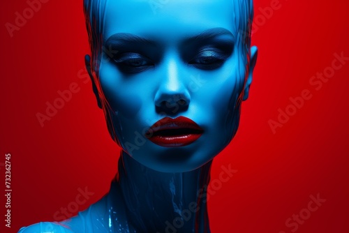 Eclectic Neon blue red woman. Party retro color pattern style. Generate AI