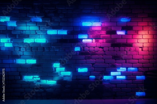Bright Neon blue red brick wall structure. Concrete dark light room. Generate AI
