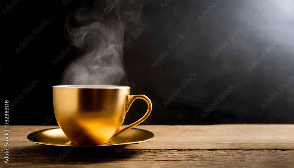 Steaming golden color coffee cup on black background and wooden floor. Copy space. Steaming golden color coffee cup on black background and wooden floor. Copy space.