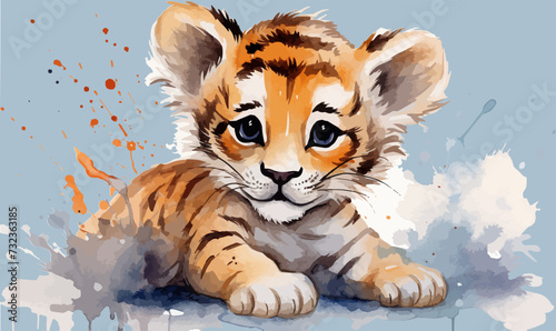 Watercolor illustration tiger cub lion cub stains splashes, children's cute cartoon room decor, photo wallpaper, print, poster, wall painting photo