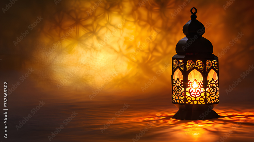 Moroccan lantern with burning glowing candle. decorative shadows. festive greeting card, Space for text Moroccan lantern with burning glowing candle. decorative shadows. festive greeting card, Space for text