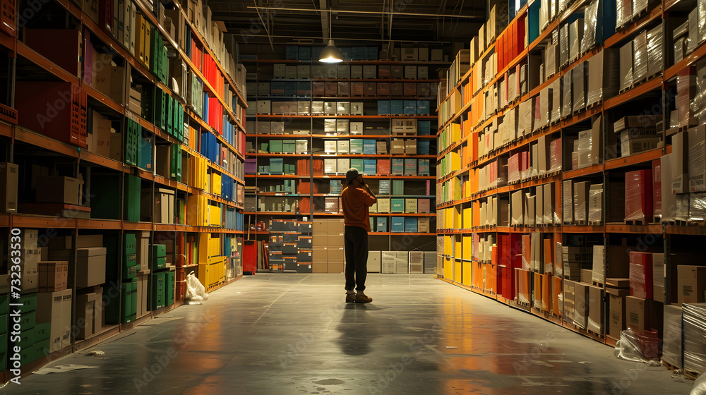 A person standing in a large warehouse surrounded by shelves filled with colorful boxes.