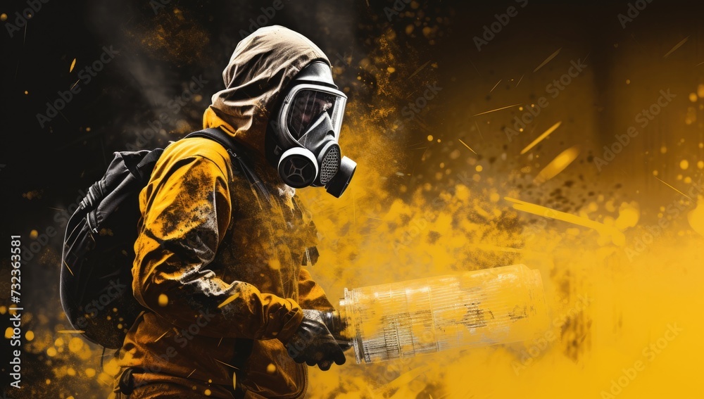 Fototapeta premium Hazmat worker in protective gear sprays radiation-contaminated area.