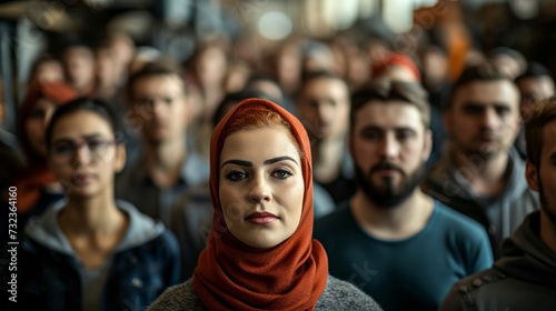 A diverse group of individuals, each with their own unique clothing and human faces, stand together in unity as a woman with a vibrant head scarf leads them through the bustling streets of the city
