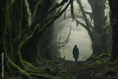 Mystical forest pathway with mist and cloaked woman. Fantasy and storytelling.