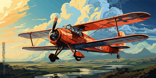 vector illustration of the clouds image with a biplane flying in the blue sky