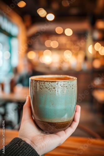 Amidst the warm glow of an indoor setting, a hand delicately cradles a porcelain cup, inviting a sip of coffee from the beautifully crafted ceramic vessel