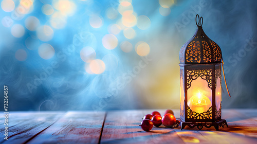 Ramadan and Eid al Fitr concept background dates with Turkish traditional lantern Light Lamp and Tasbeeh, light blue color Iftar theme image, Space for text