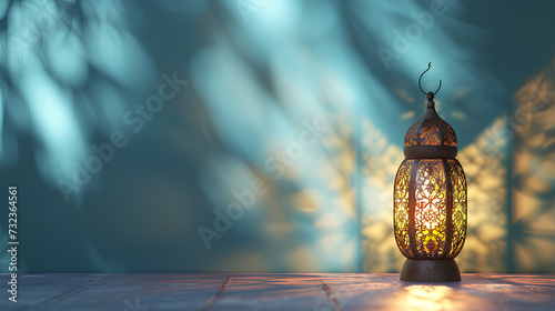 Ramadan and Eid al Fitr concept background dates with Turkish traditional lantern Light Lamp and Tasbeeh, light blue color Iftar theme image, Space for text