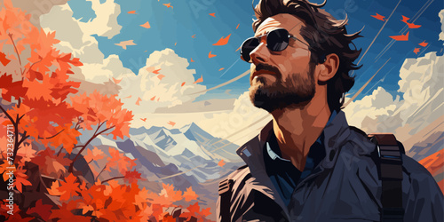 lonely man looks up at the sky feeling blue background are windy autumn leaves in pastel vector illustration