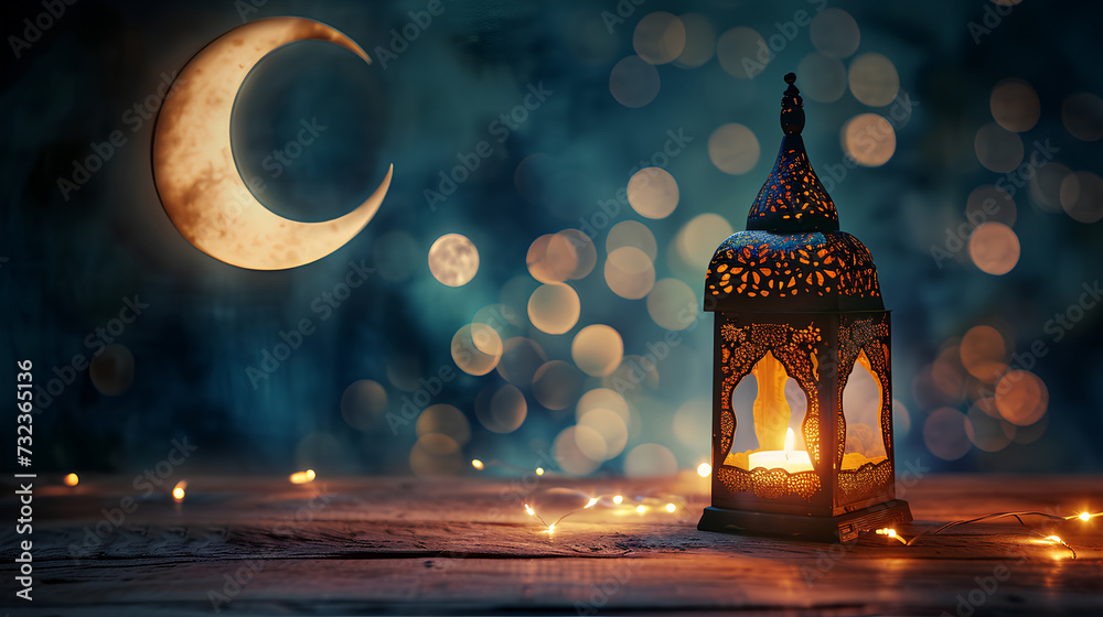 Ramadan Kareem - Moon And Arabic Lantern On Table With Abstract Defocused Lights, Space for text