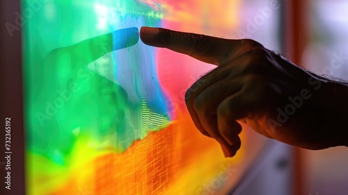 Finger Interacting with Colorful Touchscreen Interface, vote on an electronic voting machine screen that reflects the vibrant colors of the Indian flag