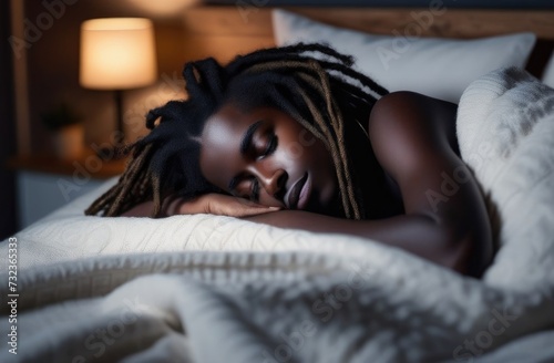 Multiracial boy-child sleeping on pillow.african american man with dreadlocks closed his eyes,sweet teen dream