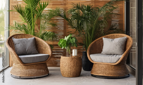 Rattan garden furniture on the balcony, terrace or roof with pots of house plants. Modern cozy eco-style home interior with greenery, tables and chairs.