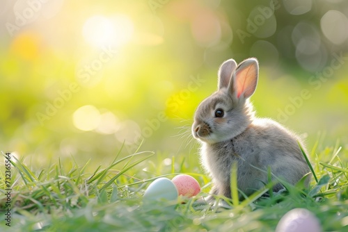 Happy Easter Eggs Basket Devotion. Bunny in flower easter Ears decoration Garden. Cute hare 3d Denim blue easter rabbit spring illustration. Holy week Gold card wallpaper bundle