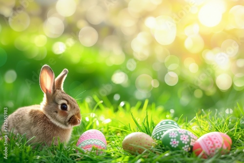 Happy Easter Eggs Basket Fast. Bunny in flower easter style decoration Garden. Cute hare 3d render pass easter rabbit spring illustration. Holy week carefree card wallpaper array © Leo