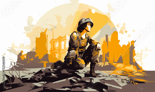 woman soldier in ruined city isolated vector style with transparent background illustration photo
