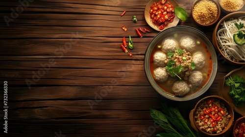 Composition of traditional indonesian bakso, realistic, HD, copy space - generative ai