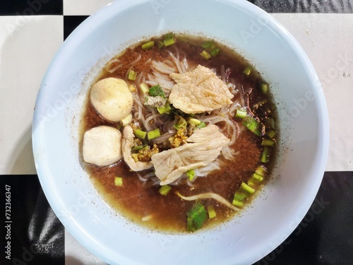 Thai food, Thai street food, noodles contain pork and pork meatballs.