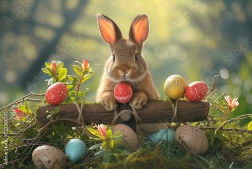 Happy Easter Eggs Basket sky blue. Bunny in flower easter Egg rolling decoration Garden. Cute hare 3d fun easter rabbit spring illustration. Holy week bonnet card wallpaper Breezy