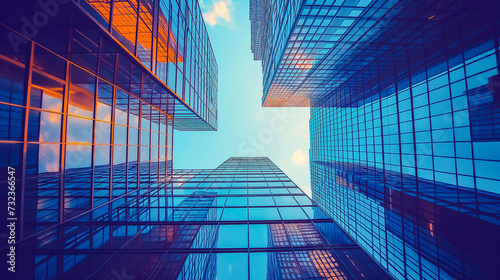 glass wall of office building  Modern office building with glass facade on a clear sky background. .