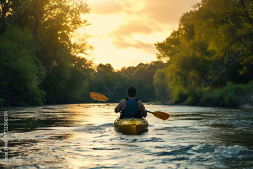 Person kayaking down a serene river at sunset, surrounded by lush greenery. © MyPixelArtStudios