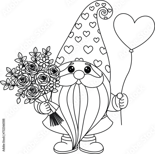 Coloring page of cute gome with flowers. Valentine illustration coloring book