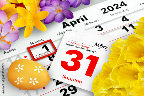 Deutscher Kalender 2024  Ostern 31. März und 1. April  Feiertage Ostersonntag und Ostermontag © PhotoSG