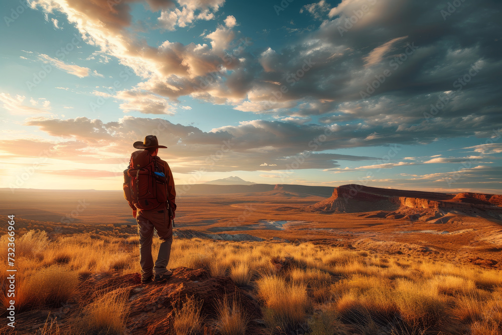 Silhouette of a lone explorer standing on a hill overlooking a vast desert landscape at sunset.
