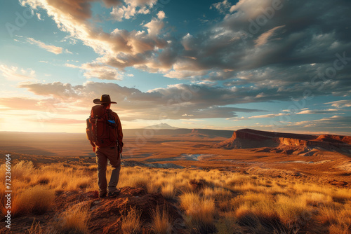 Silhouette of a lone explorer standing on a hill overlooking a vast desert landscape at sunset.