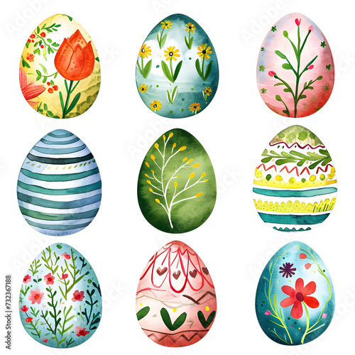 Easter-themed Vector Illustration Featuring a Colorful Set of Eggs with Floral Patterns, Perfect for Spring Celebration and Decoration