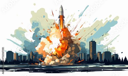 tactical ballistic missile hitting destroyed city isolated vector style with transparent background illustration
