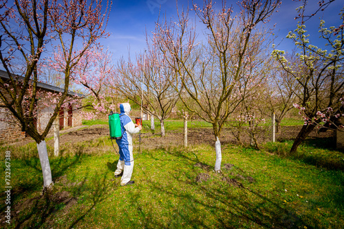 Gardener in protective overall sprinkles fruit trees with long sprayer in orchard