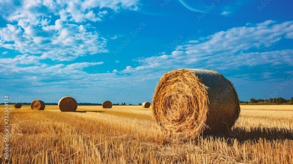 Straw bales on the field. Agricultural landscape. Agriculture.
