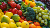 Variety of fruits and vegetables at the farmers market. Healthy food background