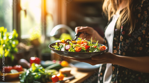 Close up of female hands holding a plate of fresh salad in the kitchen