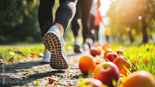 Healthy lifestyle. Close-up of female legs in sport shoes and fresh fruits on the grass