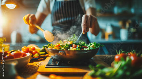 Close up of woman cooking salad in the kitchen. Healthy food concept.