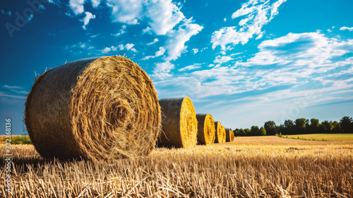 Straw bales on the field. Agricultural landscape. Agriculture.