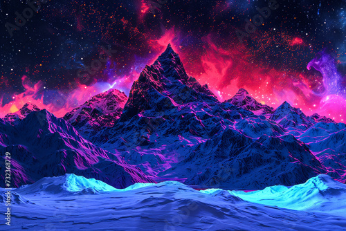 A wintry landscape illuminated by the sparkling stars above, as the majestic mountains stand tall, blanketed in a serene layer of glistening snow