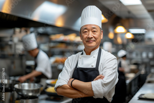 Asian middle aged male or man chef in a chef's hat with arms crossed wears apron standing in restaurant kitchen